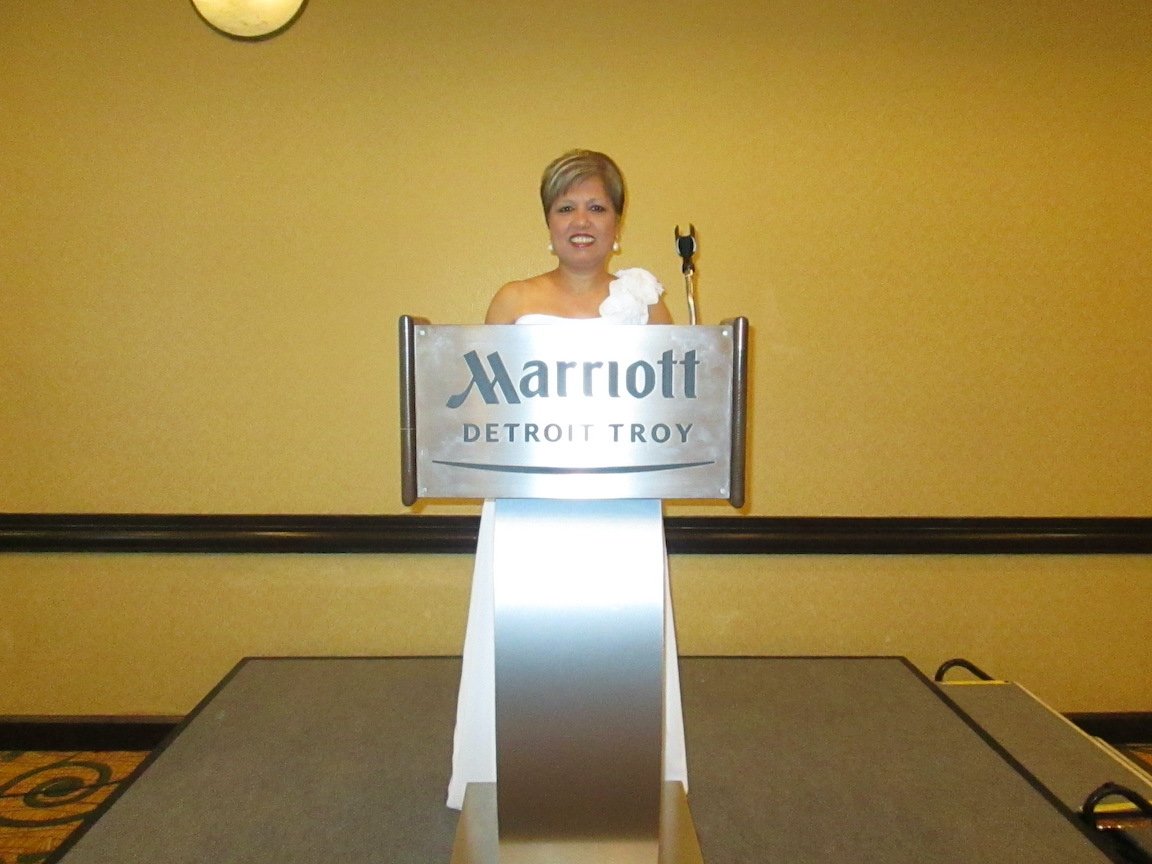 Speaking Marriott Detroit reunion 2015 white gown dress